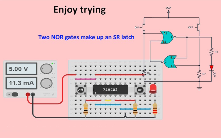 Circuit design SR Latch with 74HC02 - Tinkercad