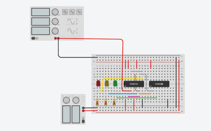 Circuit design Traffic light using D-Flip FLop - Tinkercad