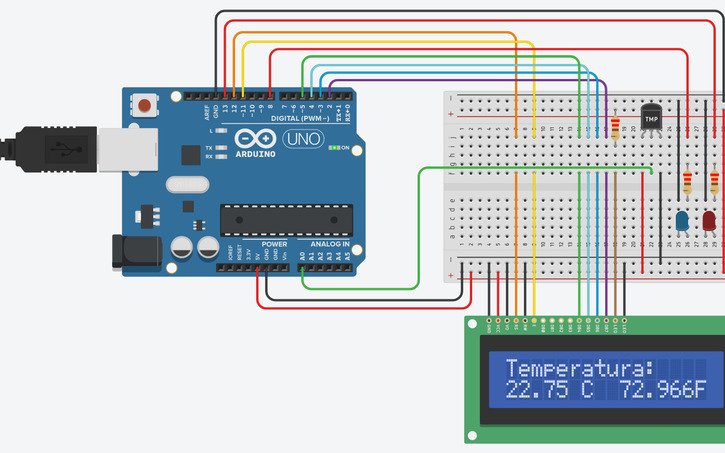 Circuit design PROJETO: Sensor de Temperatura - Tinkercad